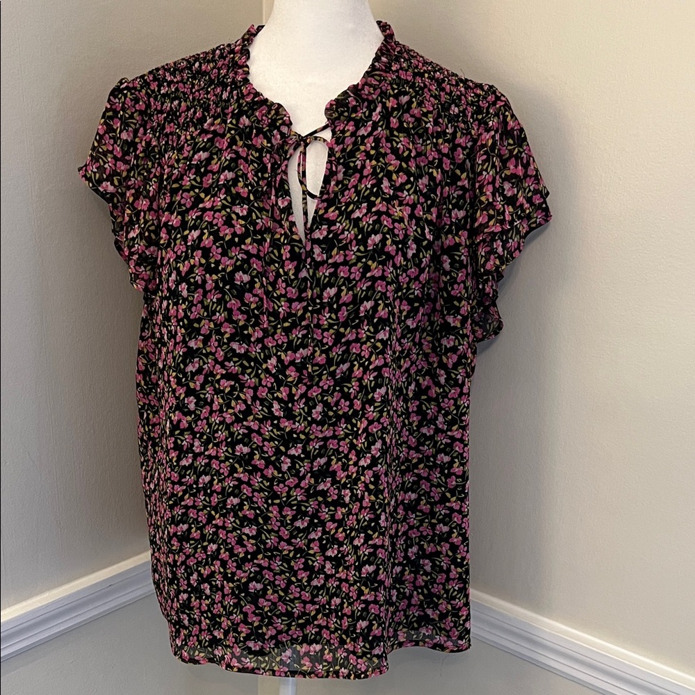 CeCe Floral Blouse with Tie Neck